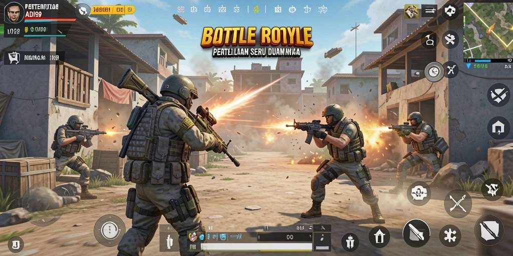 Tampilan gameplay seru dalam ADI99 di medan perang Battle Royale.