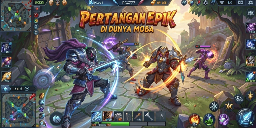 Tampilan gameplay seru di PCX777 dengan aksi MOBA yang menegangkan.